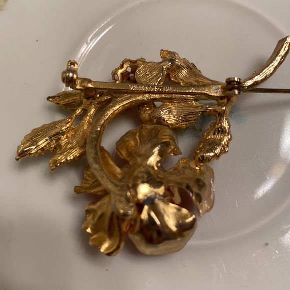 Vintage Made in Austria enamel rhinestone red flower brooch- 2 1/2” x 1 1/2” - Picture 9 of 11